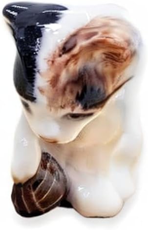 WitnyStore Tiny 1¾" Calico Tricolor Shorthair Cat Sitting Face Down Hold Ball Figurine - Miniature Hand Made Painted Ceramic Cats Kitten Animal Cute Porcelain Decorative Collectible Figure Décor Gifts