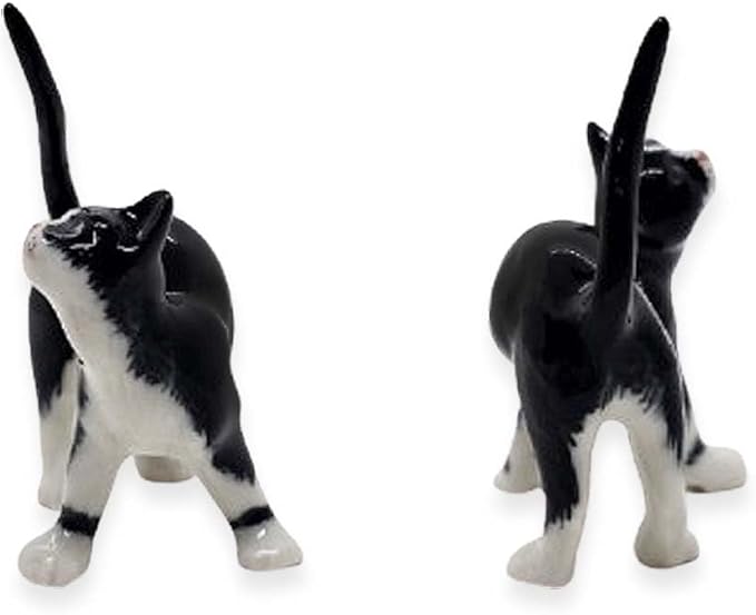 WitnyStore Tiny 2" Long Black White Tuxedo Cat Standing Look Up Figurine - Miniature Hand Made Painted Ceramic Cats Kitten Feline Animals Cute Porcelain Decorative Collectible Figurines Décor Gifts
