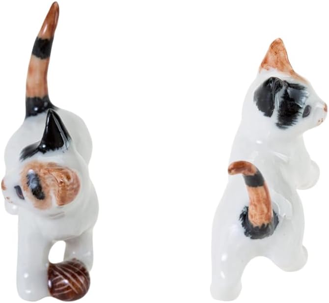 WitnyStore Tiny 1½" Calico Tricolor Shorthair Cat Standing Play Ball Figurine - Miniature Hand Made Painted Ceramic Cats Kitten Feline Animal Cute Porcelain Decorative Collectible Figure Décor Gifts
