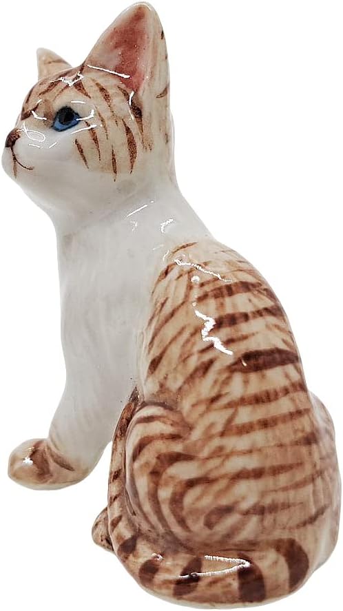 WitnyStore Tiny 1½" Long White Brown Tabby Shorthair Cat Sitting Look Up Left Figurine - Miniature Hand Made Painted Ceramic Cats Kitten Animal Cute Porcelain Decorative Collectible Figure Décor Gifts