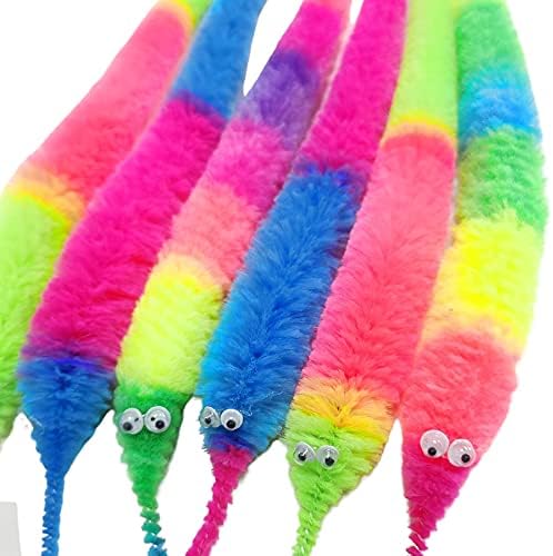 10 PCS Rainbow Fuzzy Worms On String Bulk Trick Toy Party Favors for Kid Cat ,Fuzzy Worm Toys String Pets