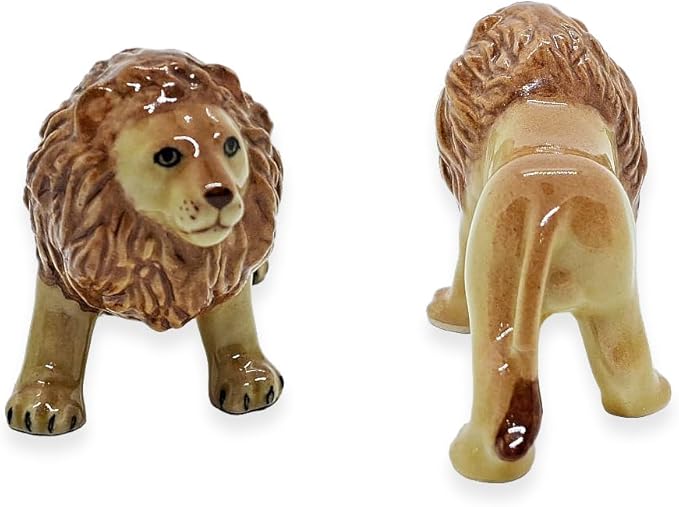 WitnyStore Tiny 3" Brown Standing Lion Figurine - Miniature Hand Made Ceramic Panthera Wild Cats Lions Tiger Jaguar Leopard Panthers Animals Small Porcelain Decorative Collectible Figures Décor Gifts