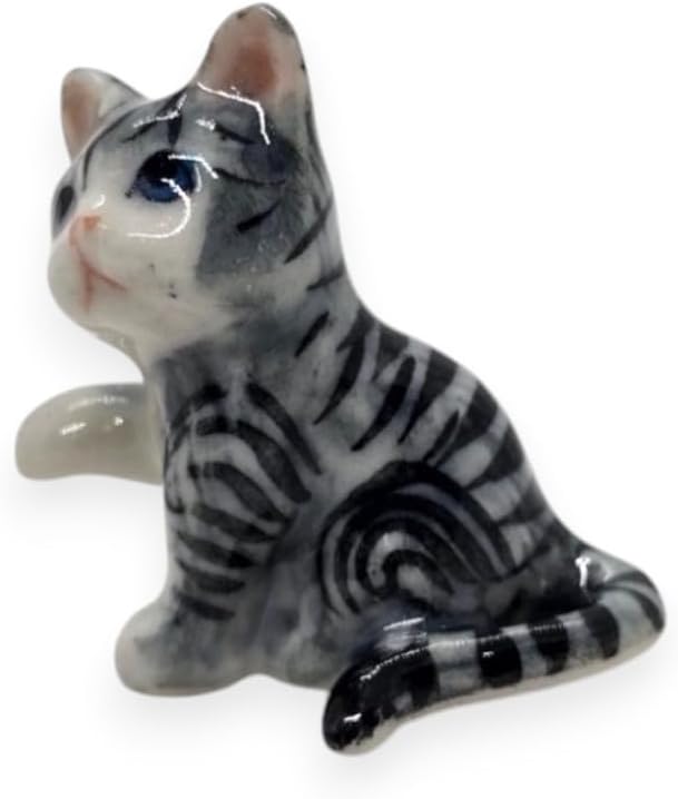 WitnyStore Tiny 1" Gray White Tabby Shorthair Cat Sitting Lift Paw Figurine - Miniature Hand Made Painted Ceramic Cats Kitten Feline Animals Cute Porcelain Decorative Collectible Figures Décor Gifts