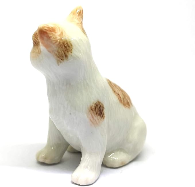 ZOOCRAFT Ceramic Cat Figurine Porcelain Handmade Miniatures Collectible White Brown Sitting