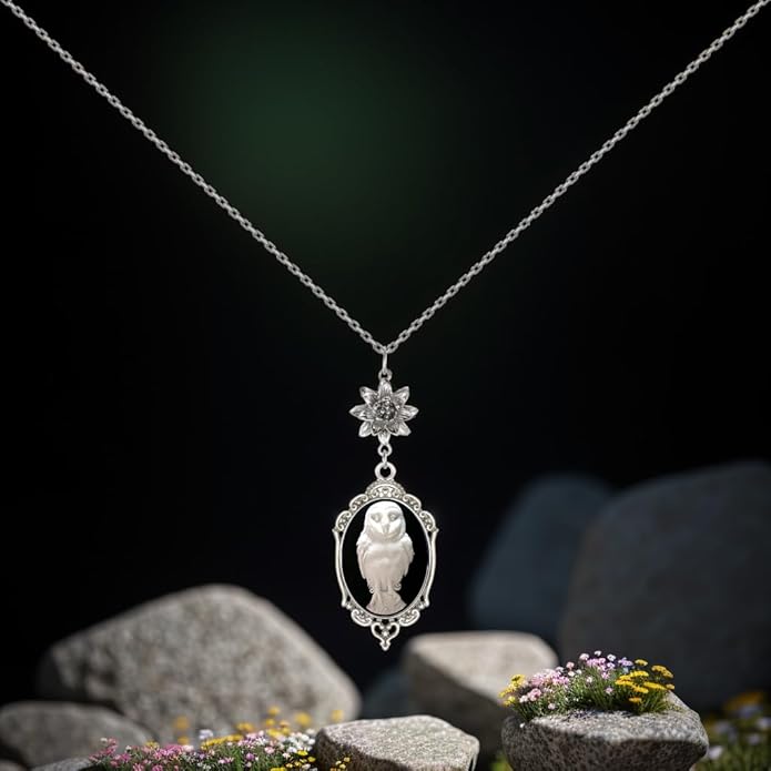 Yspace Lotus Charm Necklace Antique Decor Cameo Pendant 2 Chains Velvet Pouch for Gift