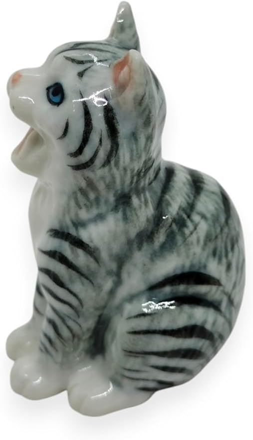 WitnyStore Tiny 1⅜" Long Gray White Tabby Shorthair Cat Sitting Yawn Figurine - Miniature Hand Made Painted Ceramic Cats Kitten Feline Animal Cute Porcelain Decorative Collectible Figures Décor Gifts