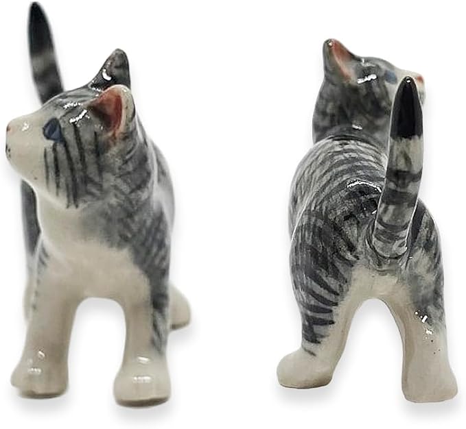 WitnyStore Tiny 2" Long Gray White Tabby Cat Standing Look Right Figurine - Miniature Hand Made Painted Ceramic Cats Kitten Feline Animal Cute Porcelain Decorative Collectible Figurines Décor Gifts