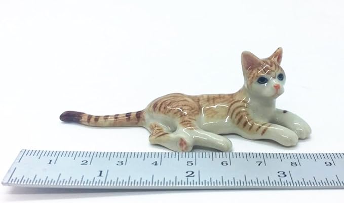 WitnyStore Tiny 3" Long Brown White Tabby Shorthair Cat Lying On Side Figurine - Miniature Hand Made Painted Ceramic Cats Kitten Feline Animal Cute Porcelain Decorative Collectible Figures Décor Gifts