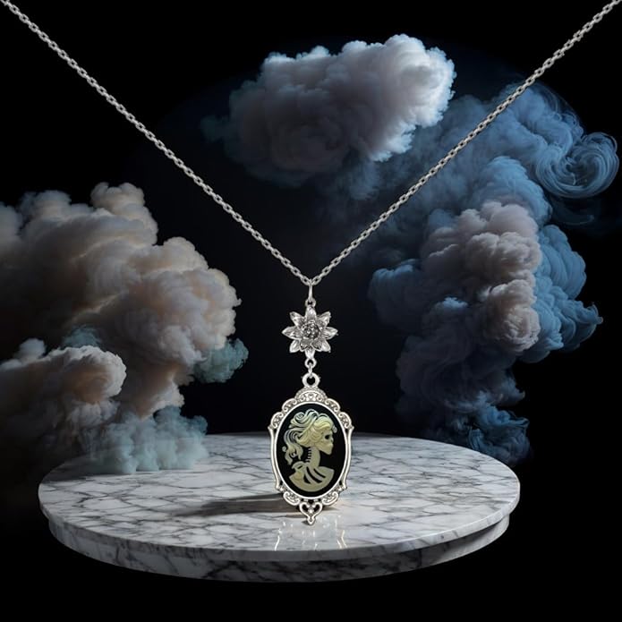 Yspace Lotus Charm Necklace Antique Decor Cameo Pendant 2 Chains Velvet Pouch for Gift