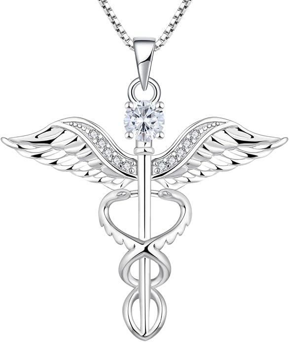 YL Caduceus Necklace Sterling Silver Doctor Nurse Themed Pendant Birthstone Angel Wings Snake Jewelry for Women
