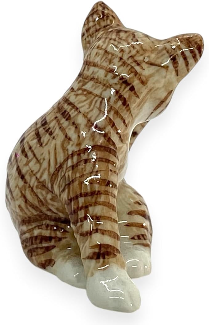 WitnyStore Tiny 2¼" Brown White Tabby Shorthair Cat Chasing Tail Figurine - Miniature Hand Made Painted Ceramic Cats Kitten Feline Animal Cute Porcelain Decorative Collectible Figurines Décor Gifts