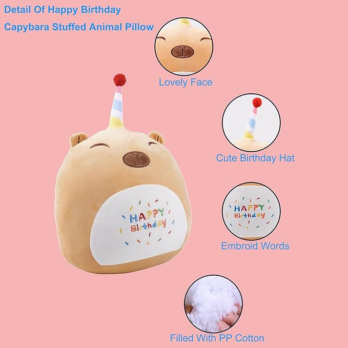 16 Inch Plush Brown Capybara Stuffed Animal Happy Birthday Capybara Hugging Pillow Birthday Capybara Plushies Throw Pillow Birthday Capybara Anime Gift for Kids and Lovers