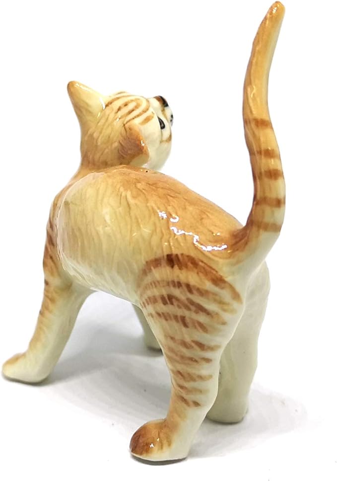 ZOOCRAFT Ceramic Cat Figurine Collectible Stretching Brown Kitty Hand Painted Animal Miniature Home Decor