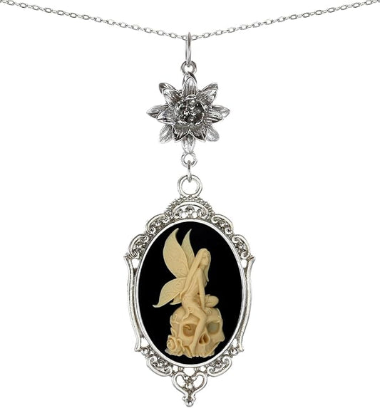 Yspace Lotus Charm Necklace Antique Decor Cameo Pendant 2 Chains Velvet Pouch for Gift