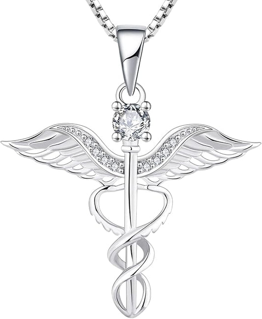 YL Caduceus Necklace Sterling Silver Doctor Nurse Themed Pendant Birthstone Angel Wings Snake Jewelry for Women