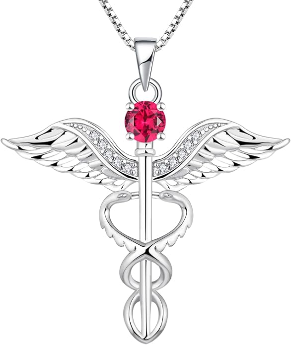 YL Caduceus Necklace Sterling Silver Doctor Nurse Themed Pendant Birthstone Angel Wings Snake Jewelry for Women