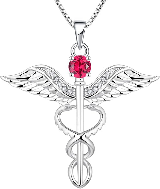 YL Caduceus Necklace Sterling Silver Doctor Nurse Themed Pendant Birthstone Angel Wings Snake Jewelry for Women