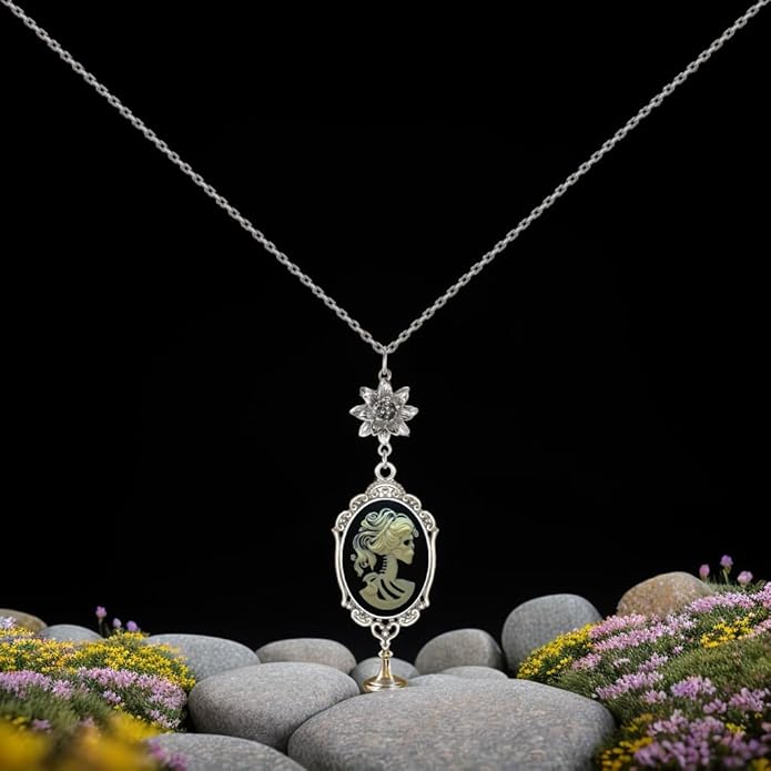 Yspace Lotus Charm Necklace Antique Decor Cameo Pendant 2 Chains Velvet Pouch for Gift