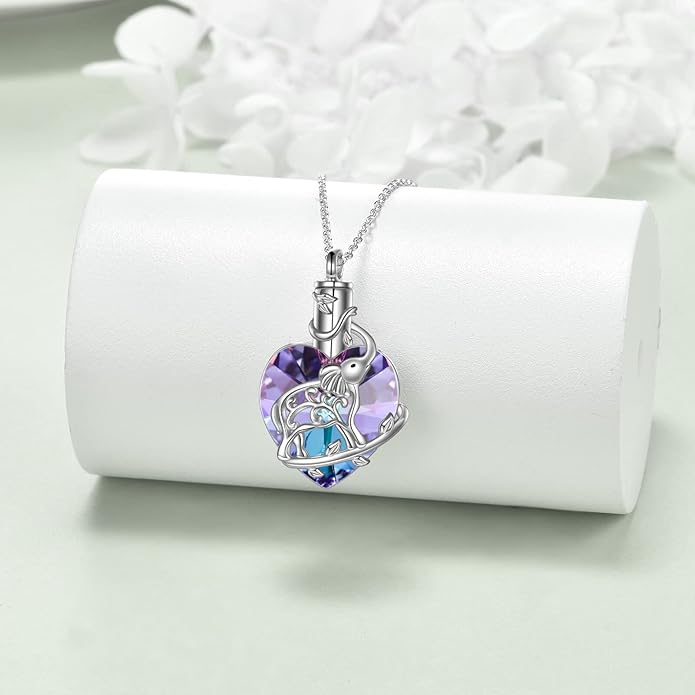 YFN Elephant Heart Crystal Urn Necklace for Ashes Cremation Jewelry Sterling Silver with Crystal Jewelry Gifts for Women