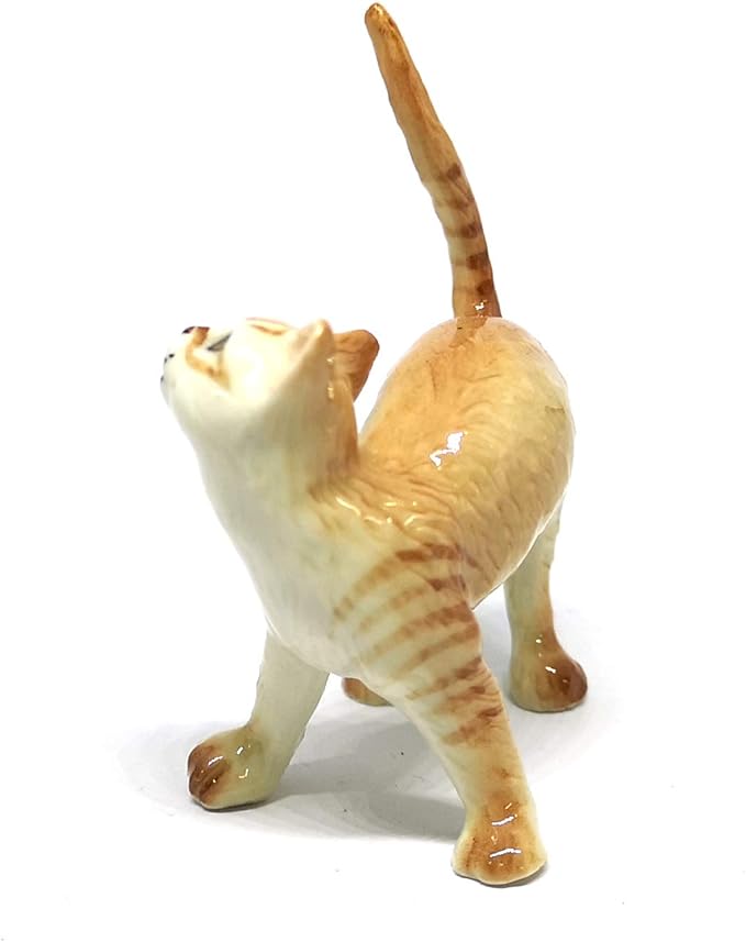 ZOOCRAFT Ceramic Cat Figurine Collectible Stretching Brown Kitty Hand Painted Animal Miniature Home Decor