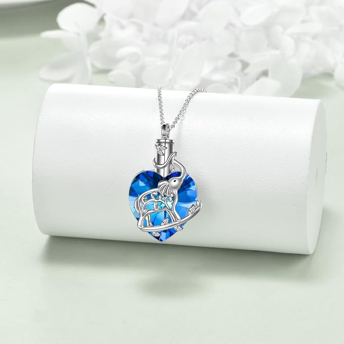 YFN Elephant Heart Crystal Urn Necklace for Ashes Cremation Jewelry Sterling Silver with Crystal Jewelry Gifts for Women