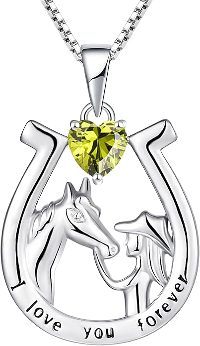 YL Women's Horse Necklace 925 Sterling Silver Horseshoe Pendant Birthstone Animals Jewelry