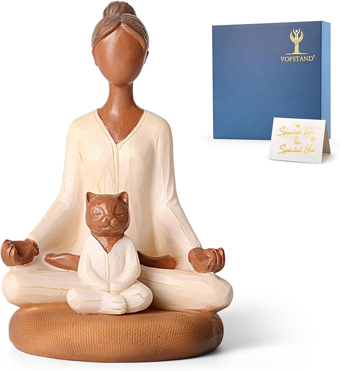 Yoga Meditation Statue Gifts for Women - Mini Yoga Girl with Cat Dog Figurines Gift for Office Cute Relaxation Gifts for Yoga Lovers & Cat Dog Lover Resin Yoga Figurine Decor Table Ornament