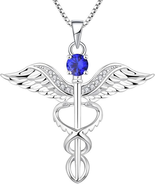 YL Caduceus Necklace Sterling Silver Doctor Nurse Themed Pendant Birthstone Angel Wings Snake Jewelry for Women