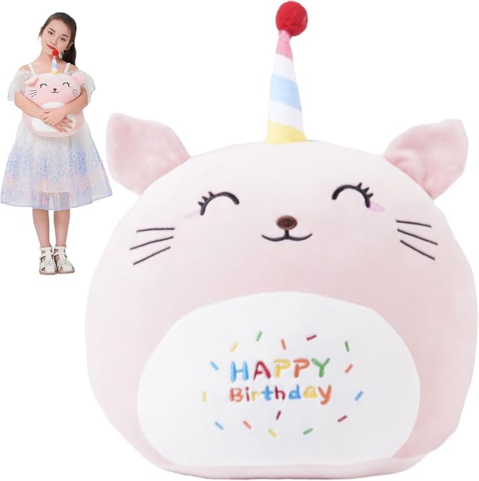 16 Inch Plush Birthday Cat Kitty Stuffed Animal Happy Birthday Cat Hugging Pillow Birthday Cat Plushies Throw Pillow Birthday Pink Cat Kitten Anime Gift for Kids and Lovers