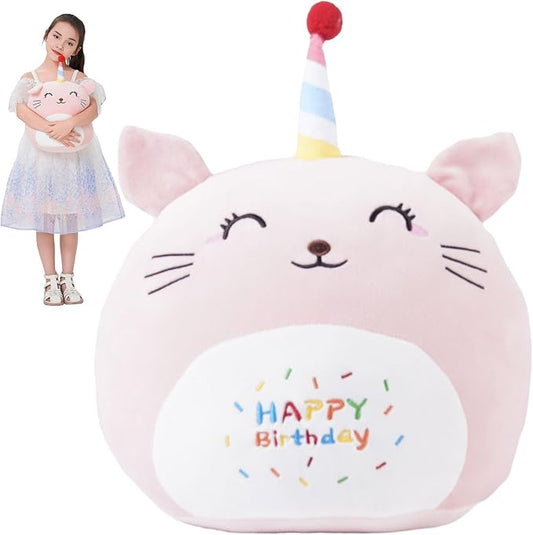 16 Inch Plush Birthday Cat Kitty Stuffed Animal Happy Birthday Cat Hugging Pillow Birthday Cat Plushies Throw Pillow Birthday Pink Cat Kitten Anime Gift for Kids and Lovers