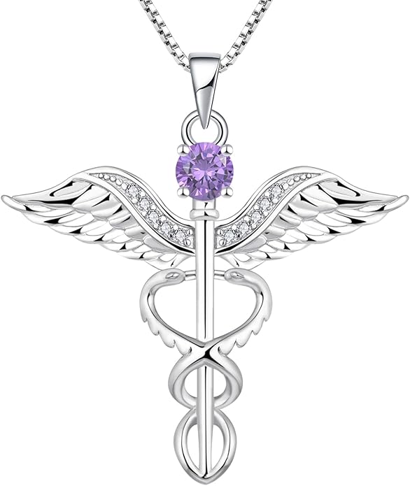 YL Caduceus Necklace Sterling Silver Doctor Nurse Themed Pendant Birthstone Angel Wings Snake Jewelry for Women