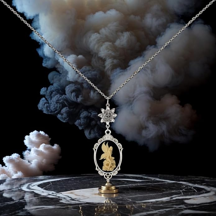 Yspace Lotus Charm Necklace Antique Decor Cameo Pendant 2 Chains Velvet Pouch for Gift