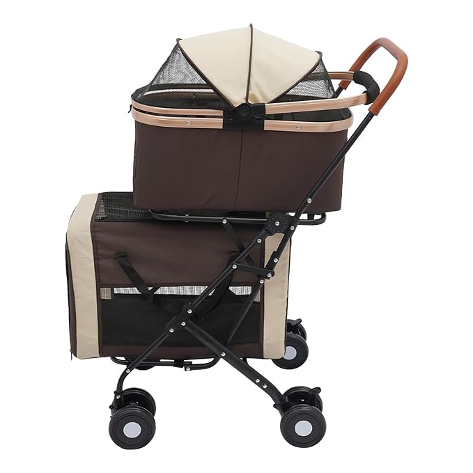 Foldable Pet Stroller for Small & Medium Dogs, Double Dog & Cat Stroller with 3-in-1 Travel System, Detachable Pet Carrier with Wheels for Cats and Dogs up to 77 lbs, Coffee Color