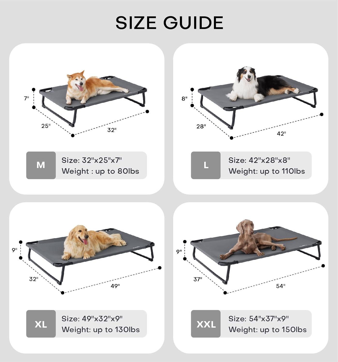 Made4Pets Elevated Outdoor Dog Bed for Extral Large Dogs – Heavy-Duty Raised Cot with Breathable Cooling Mesh, No-Slip Feet, Chew-Resistant Frame, Indoor & Outdoor Pet Hammock, 49"x32", Gray