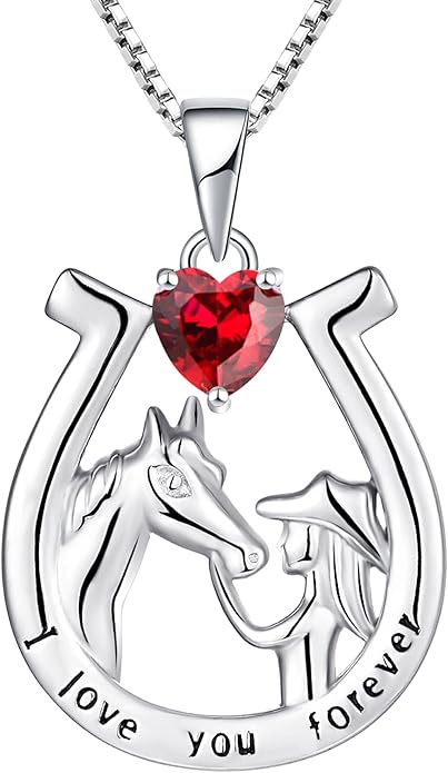 YL Women's Horse Necklace 925 Sterling Silver Horseshoe Pendant Birthstone Animals Jewelry