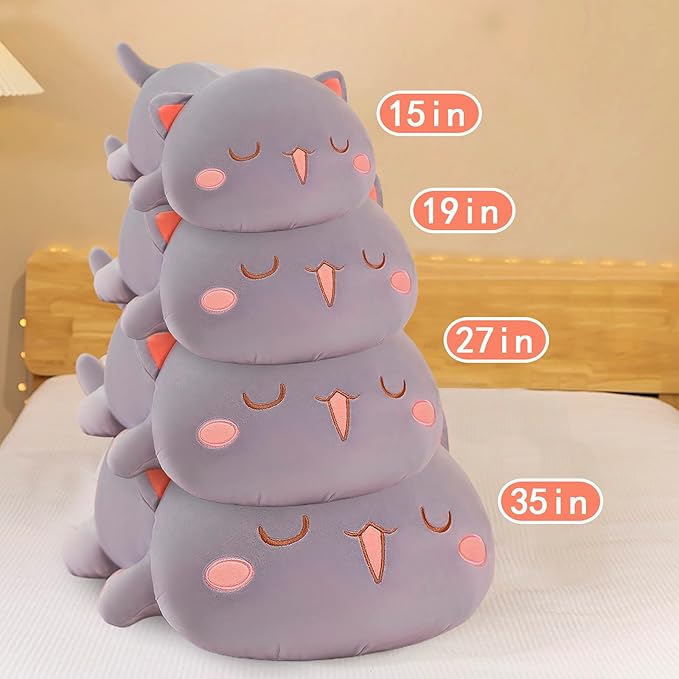 FUYU Cat Stuffed Animals, Soft Cat Plush Pillow Kawaii Kitten Stuffed Animal Toy Gifts for Kids Boys Girls Room Decor (Gray Squinted,27in/67cm)