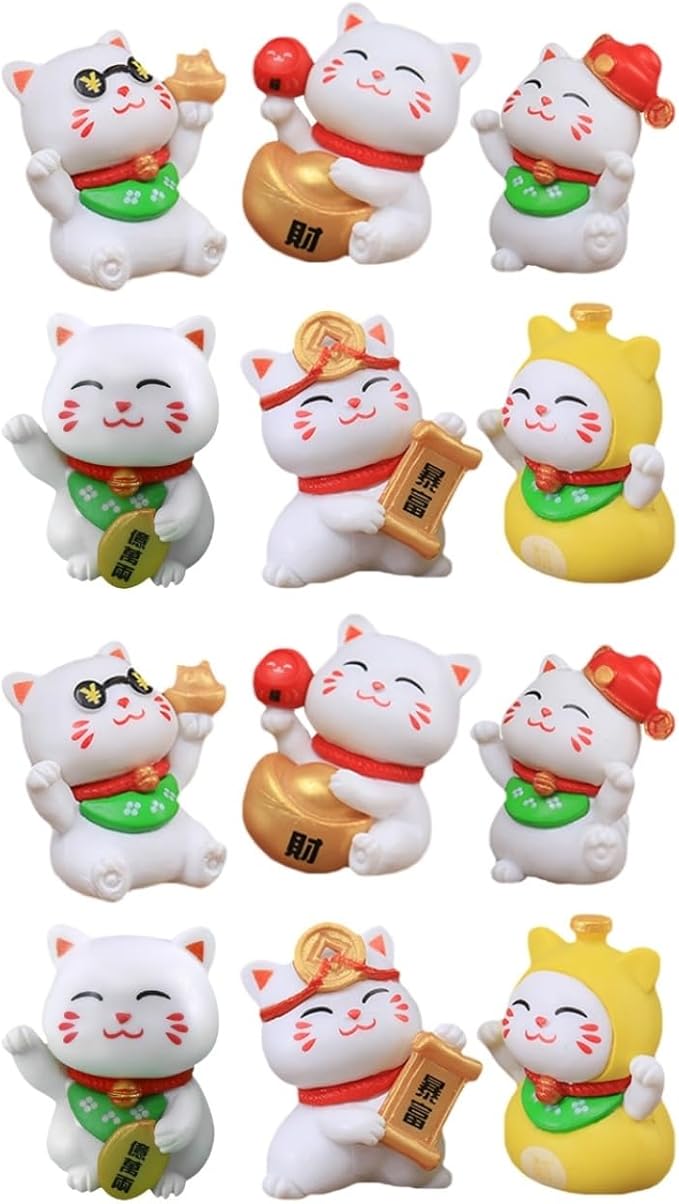 Yardwe 12 Pcs Miniature Lucky Cat Figurines, Resin Garden Ornaments for Home, Desktop, Bonsai, Car Decor, Assorted Colors, 2.04 X 1.02 X 1.25 Inches