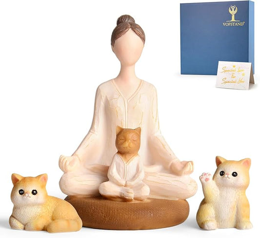 Yoga Meditation Statue Gifts for Women - Mini Yoga Girl with Cat Dog Figurines Gift for Office Cute Relaxation Gifts for Yoga Lovers & Cat Dog Lover Resin Yoga Figurine Decor Table Ornament
