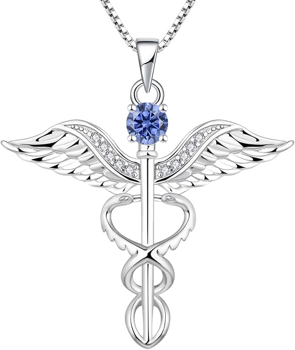 YL Caduceus Necklace Sterling Silver Doctor Nurse Themed Pendant Birthstone Angel Wings Snake Jewelry for Women