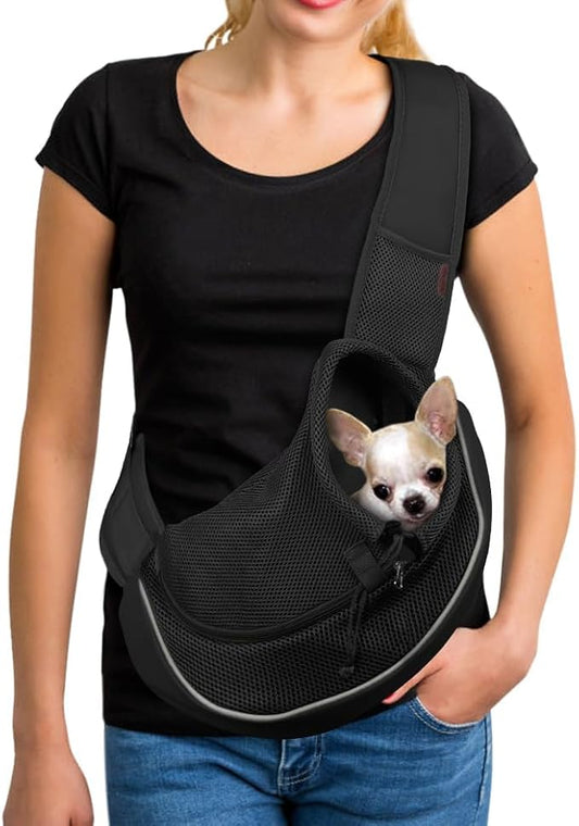 YUDODO Pet Sling Carrier for Small Dogs & Cats – Hands-Free Puppy Carrier with Safety Hook, Large Zipper Pocket, Soft Breathable Mesh, Adjustable Strap & Reflective Strip (Black 2.0 M)