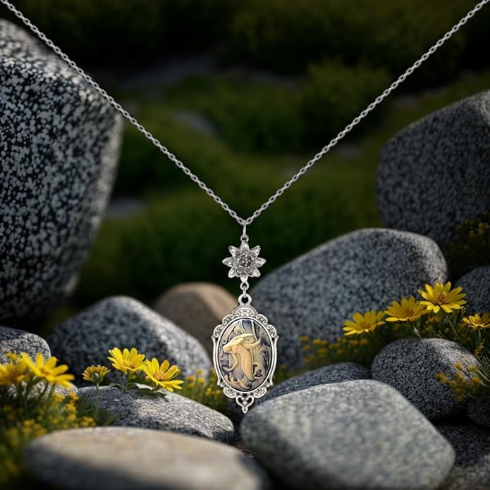 Yspace Lotus Charm Necklace Antique Decor Cameo Pendant 2 Chains Velvet Pouch for Gift