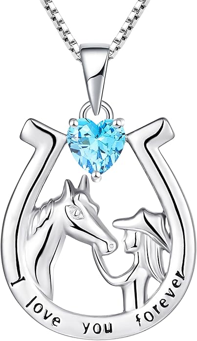 YL Women's Horse Necklace 925 Sterling Silver Horseshoe Pendant Birthstone Animals Jewelry