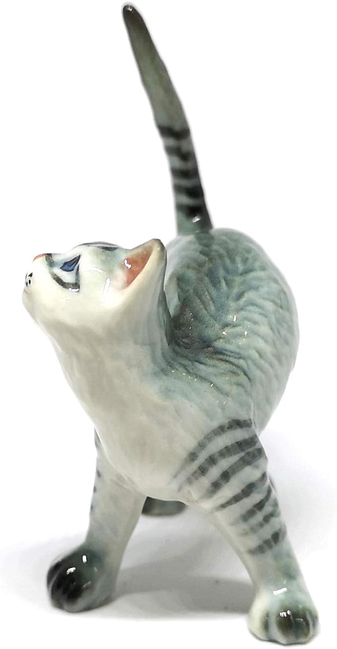 ZOOCRAFT Ceramic Cat Figurine Miniatures Stretching Gray Pet Lovers Collectibles Hand Painted Animal Poecelain