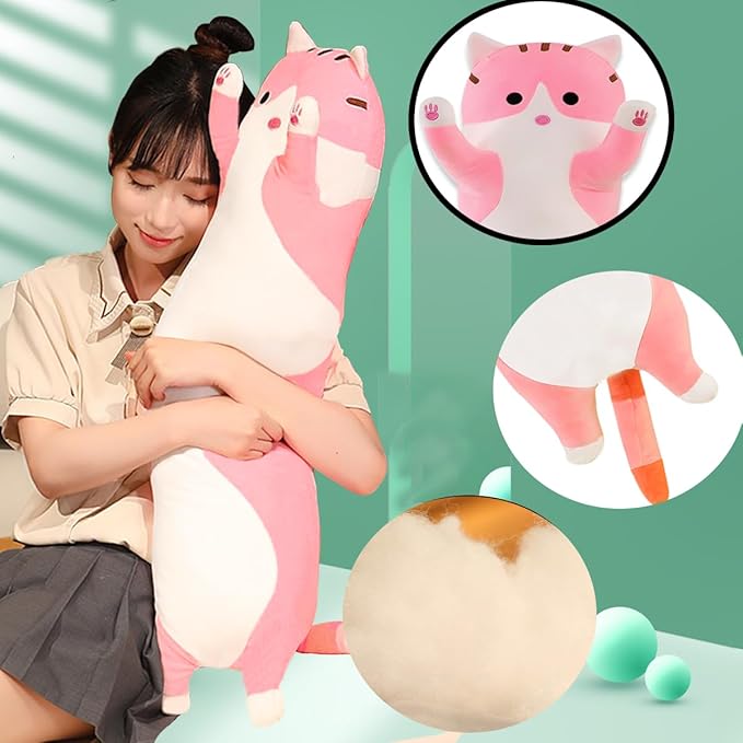 Pink Cat Long Plush Pillow Kitty Stuffed Animals Soft Sleeping Throw Pillow Doll Toy (Pink,18inches)