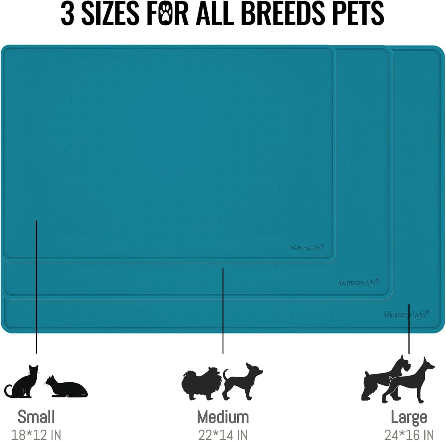 MateeyLife Dog & Cat Food Water Mat for Floors Waterproof, Nonslip Pets Bowl Feeding Mats with Raised Edges, Silicone Matt Tray for Messy Drinkers, 22"x14", Teal