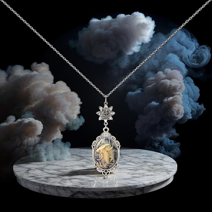 Yspace Lotus Charm Necklace Antique Decor Cameo Pendant 2 Chains Velvet Pouch for Gift