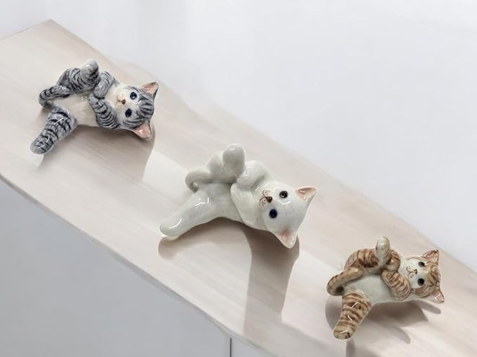 WitnyStore Tiny 1¾" Long White Gray Tabby Shorthair Cat Lying Leg Up Figurine - Miniature Hand Made Painted Ceramic Cats Kitten Feline Animals Cute Porcelain Decorative Collectible Figure Décor Gifts