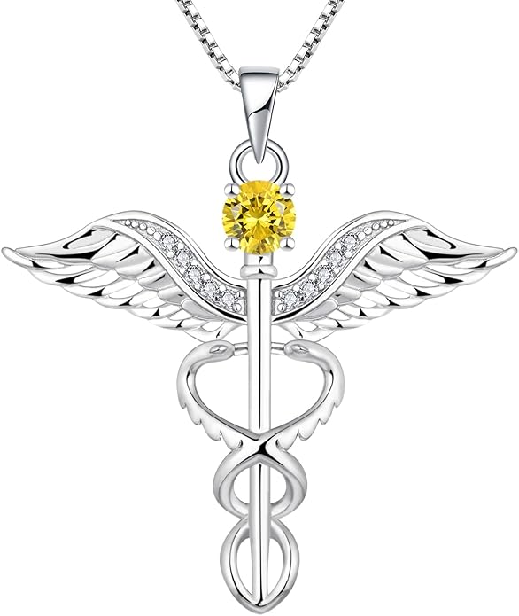 YL Caduceus Necklace Sterling Silver Doctor Nurse Themed Pendant Birthstone Angel Wings Snake Jewelry for Women