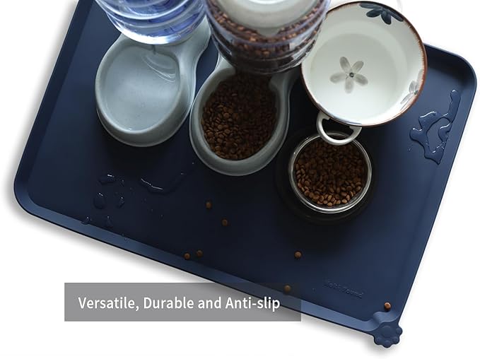 Hoki Found X-Large Silicone Pet Feeding Mats - Non Slip Dog Cat Bowl Mats - Waterproof, Suitable for Carpet - French Navy