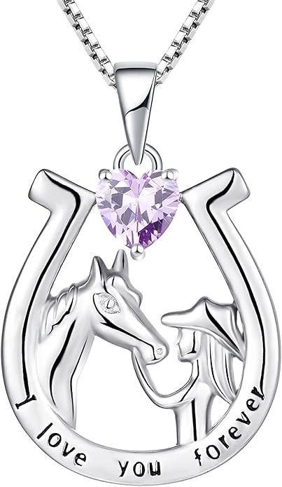 YL Women's Horse Necklace 925 Sterling Silver Horseshoe Pendant Birthstone Animals Jewelry